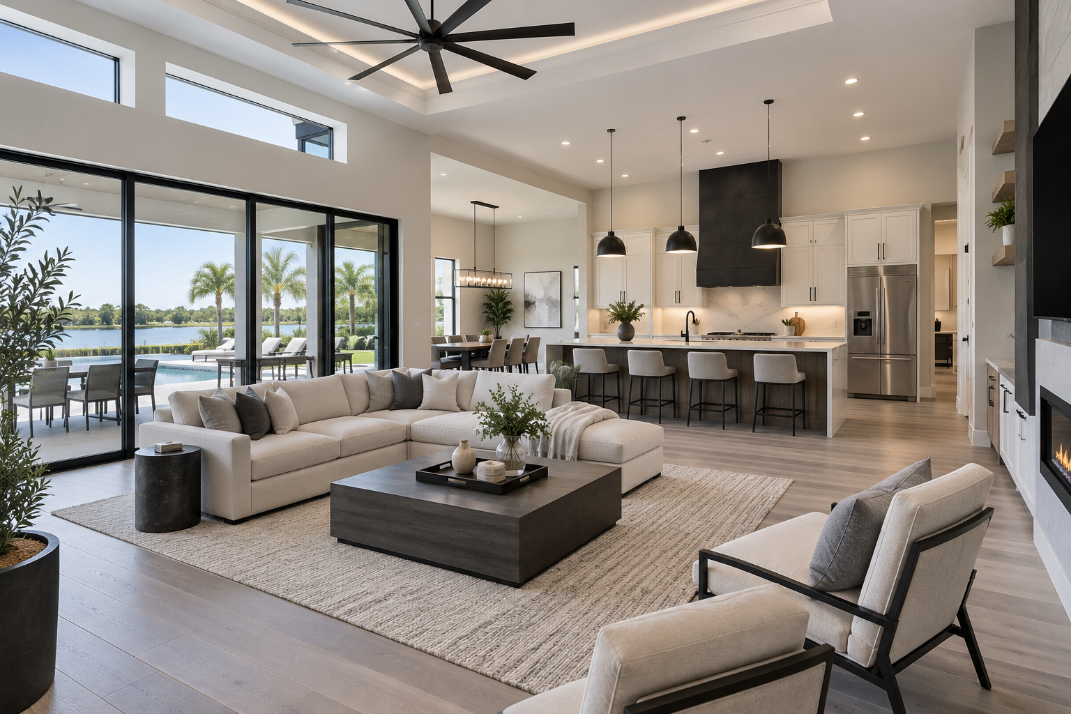 Bright open living room with floating staircase, dining area, and beige sofa in a modern white interior