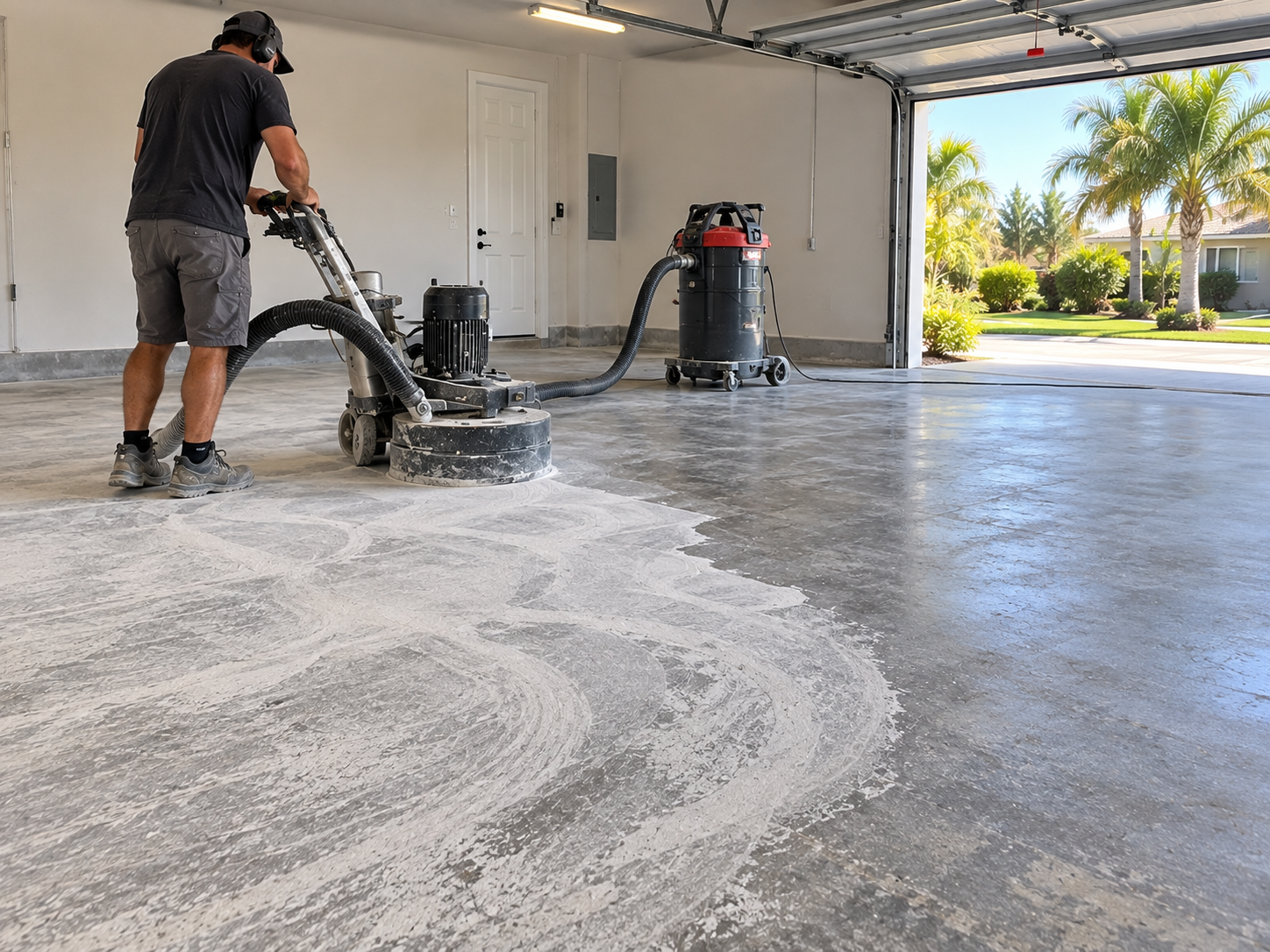 Dusty blue electric motor on a concrete floor in an unfinished room.