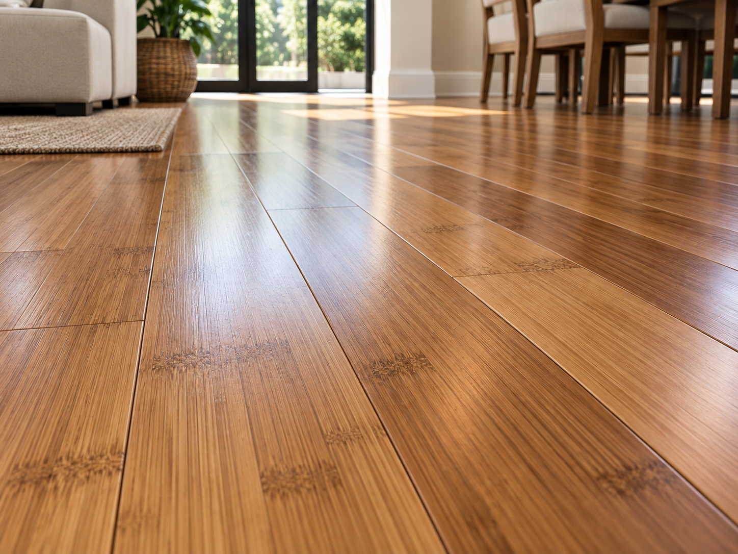 Close-up of gray-blue wood flooring beside a white baseboard and wall corner.