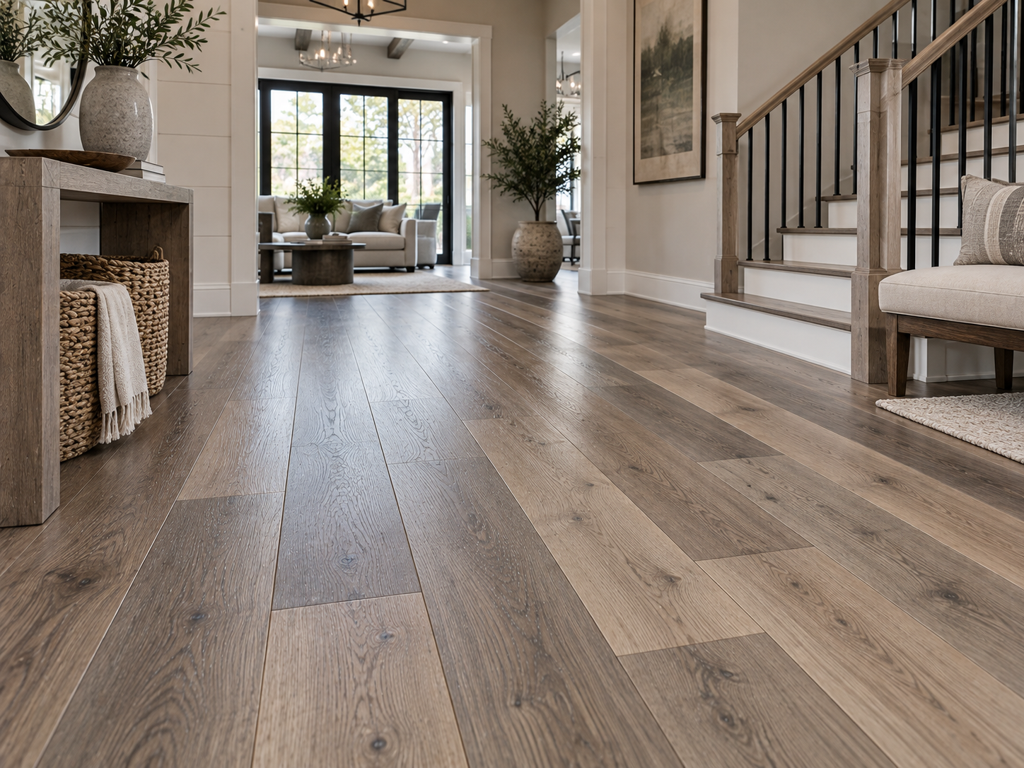 Empty room with dark blue wood flooring and light from large windows