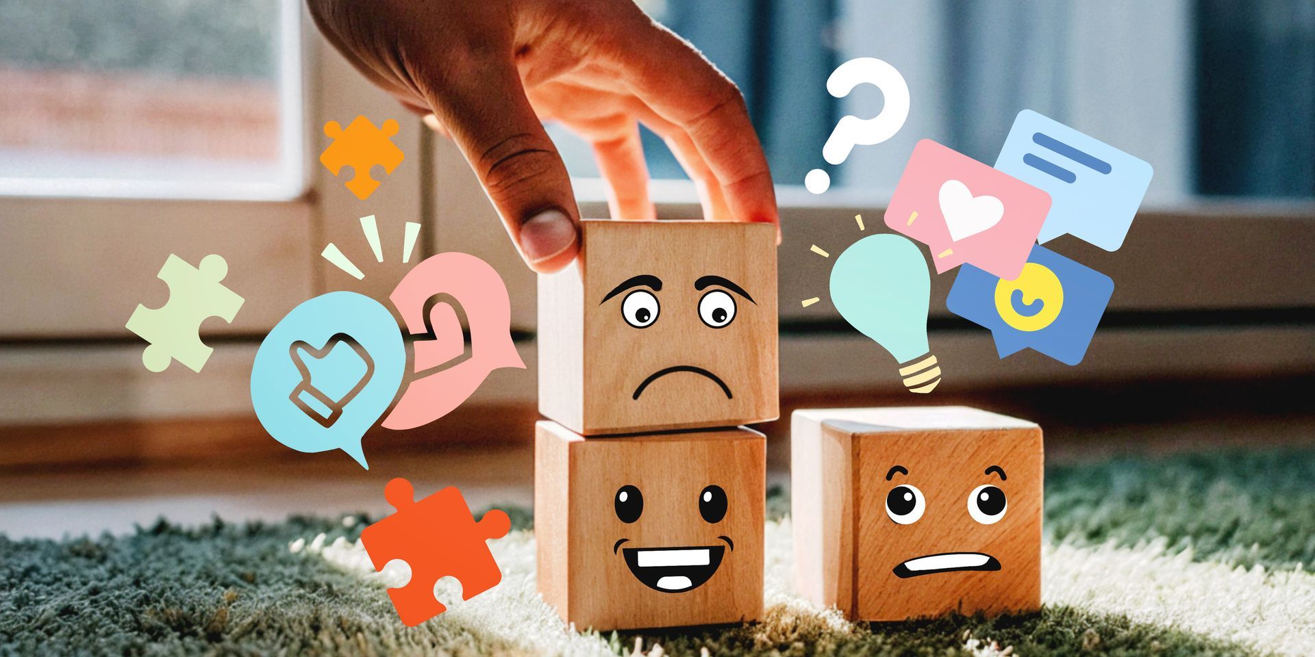Hand stacking blocks with different facial expressions to represent emotional and behavior control.
