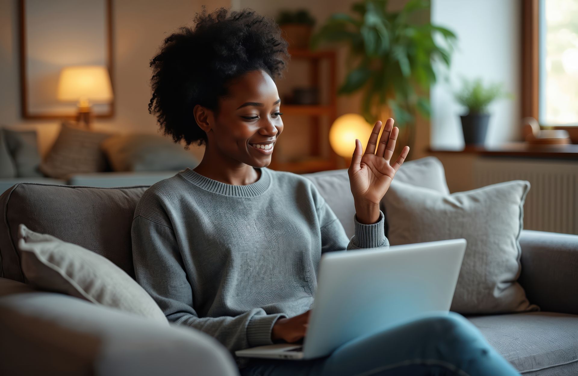 Hand stacking blocks with different facial expressions to represent emotional and behavior control. Person waving from a couch with a laptop in a cozy living room