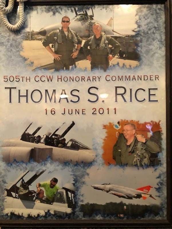 Military tribute plaque for Thomas S. Rice, 505th CCW Honorary Commander, with collage photos and aircraft images