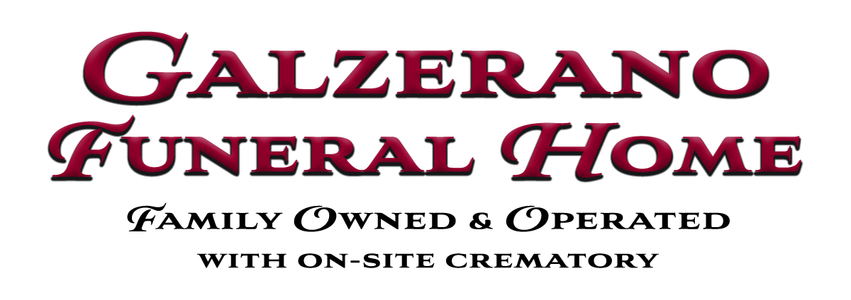 Logo for Galzerano Funeral Home: burgundy script text with