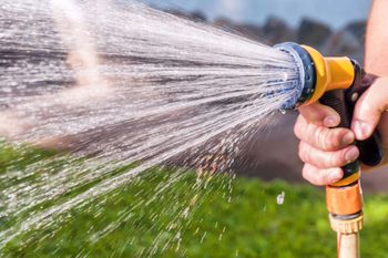 Mano che regge un ugello giallo e nero per spruzzare acqua sull'erba verde.