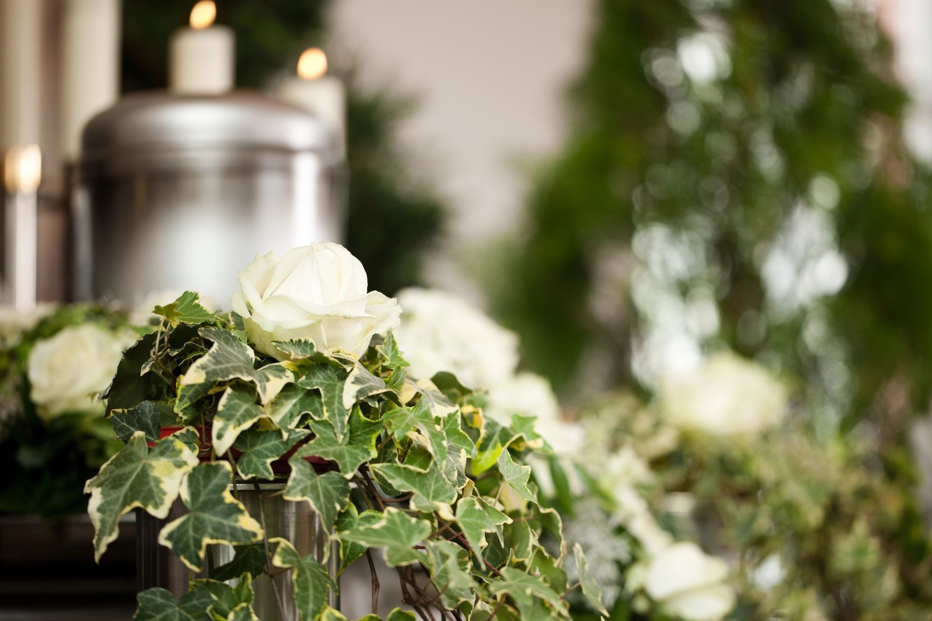 Rose bianche ed edera variegata su un supporto decorativo con candele e un contenitore di metallo sullo sfondo.