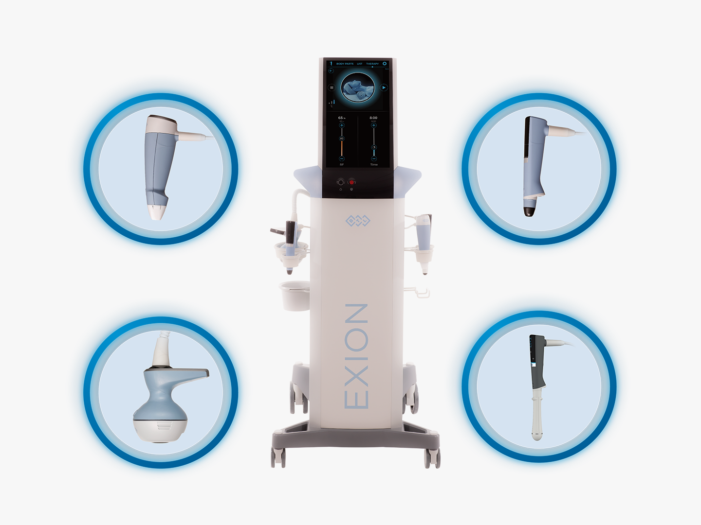 Exion body contouring machine with four treatment handpieces shown around it