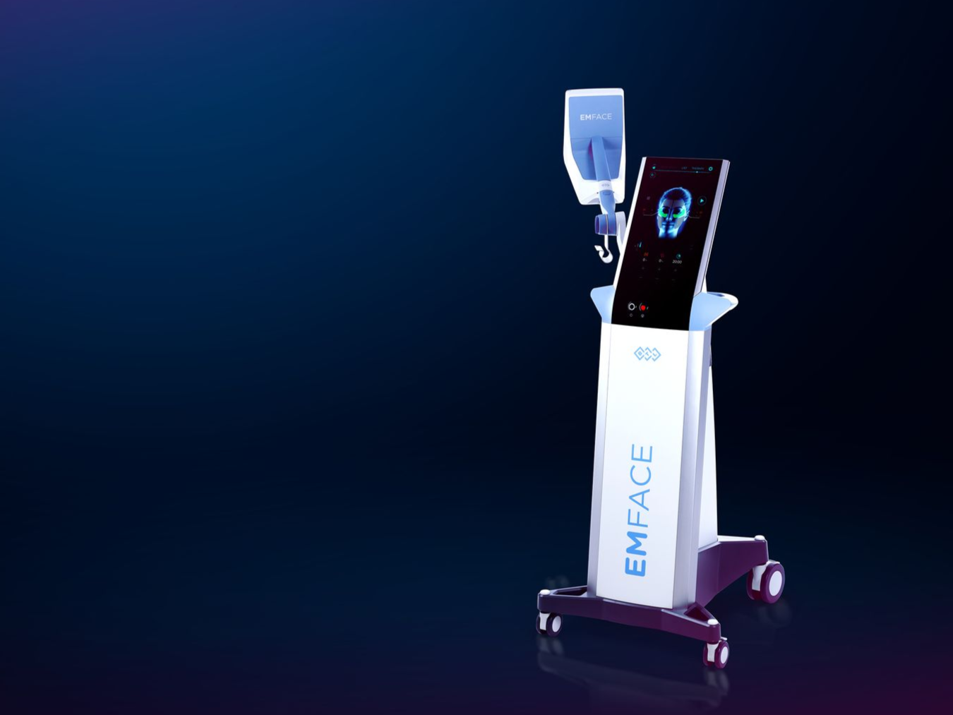 White medical robot with touchscreen and raised arm against a dark blue background