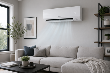 Modern living room with a wall-mounted air conditioner above a light sofa and coffee table