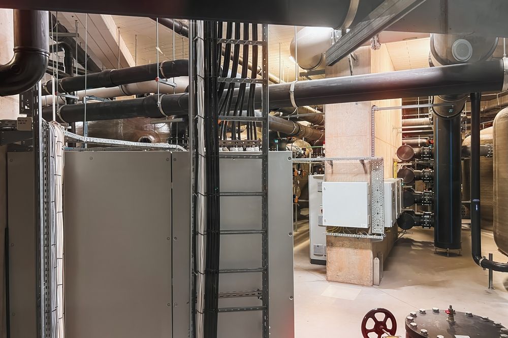 Industrial boiler room with large pipes, ducts, and utility equipment in a basement setting