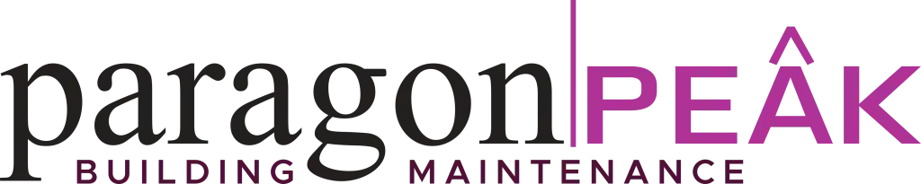 Paragon Building Maintenance logo with black and purple text and a purple peaked roof icon