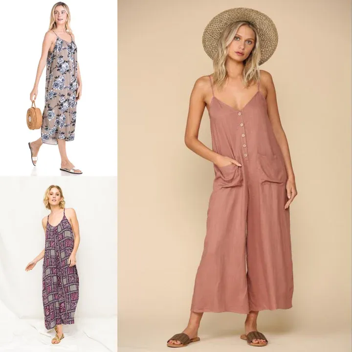 Models in patterned jumpsuits, one wearing a beige fedora hat.