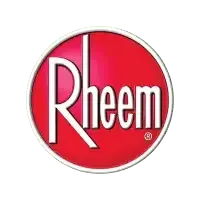 Rheem logo in white text on red circle; brand name for HVAC and water heating products.