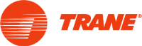 Trane logo: Orange circle with horizontal lines, next to orange word 