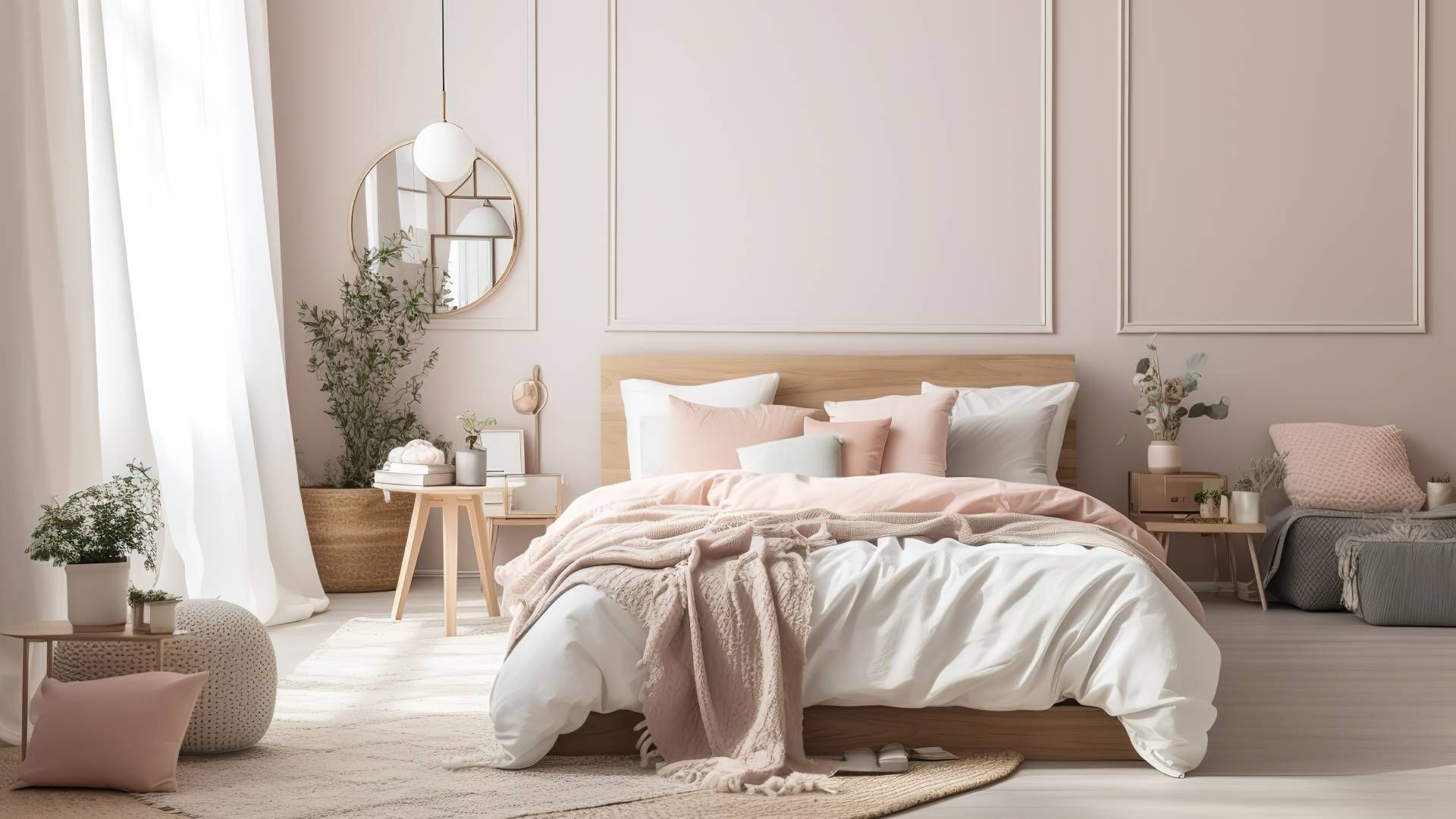 Light and airy bedroom with long flowing drapes near Glendora, California (CA)
