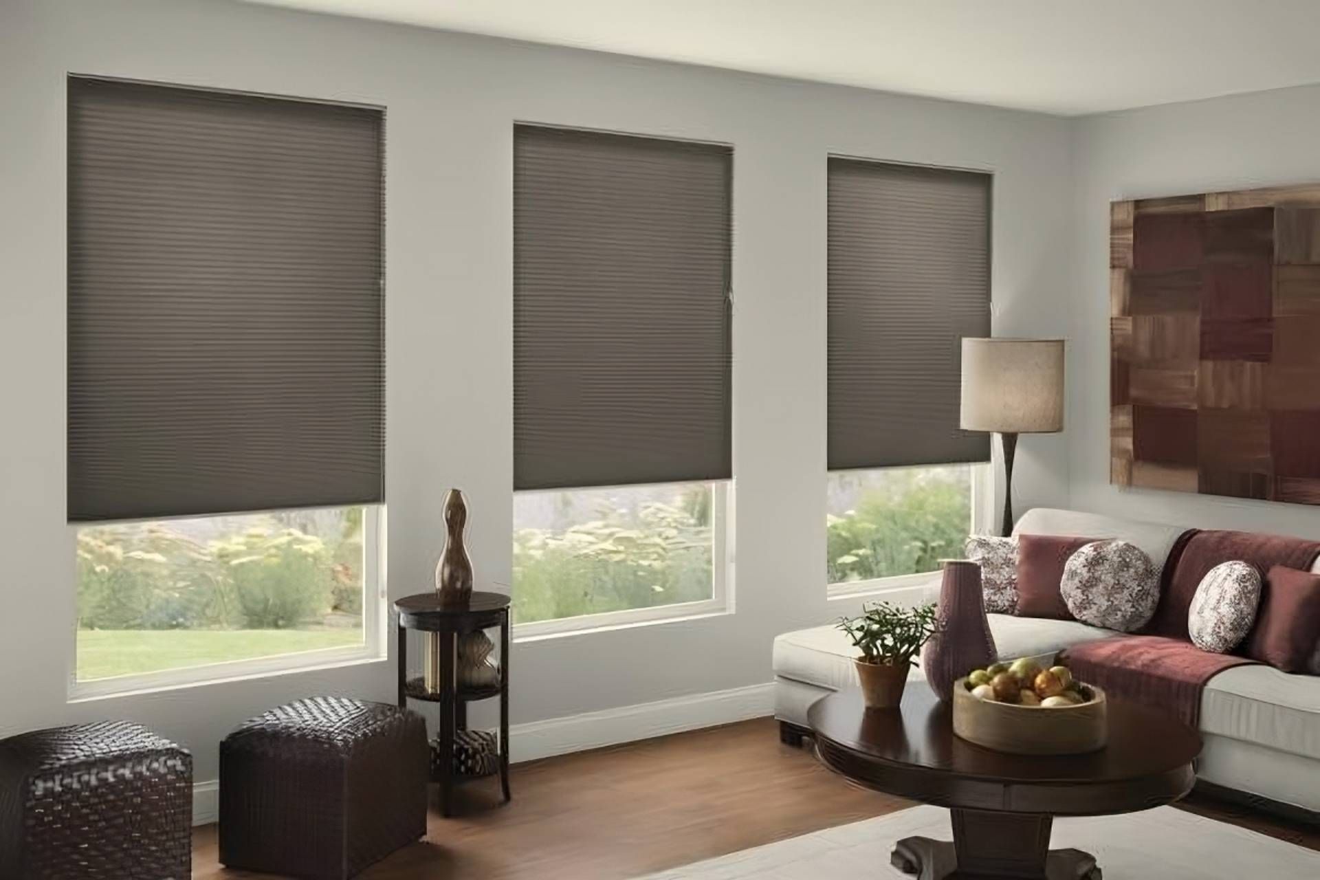Graber® CrystalPleat® Cellular Shades adorning the windows in a living room near Glendora, Californi