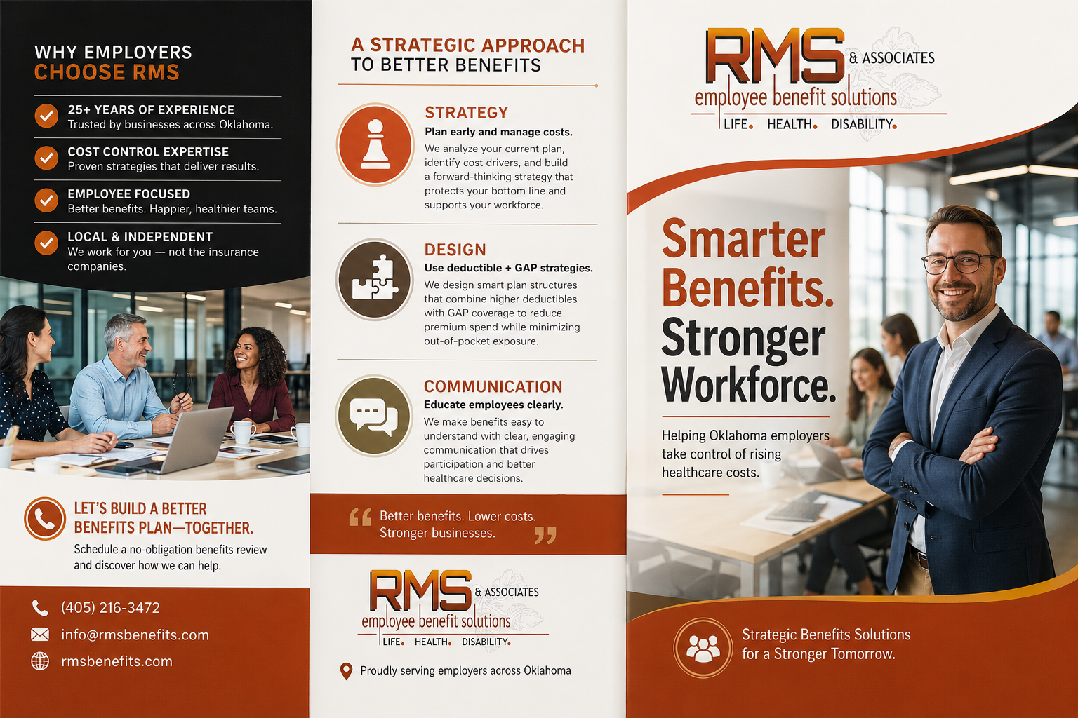 RMS workforce brochure with orange and white panels, office team photo, and smiling man in suit beside “Smarter. Stronger.”