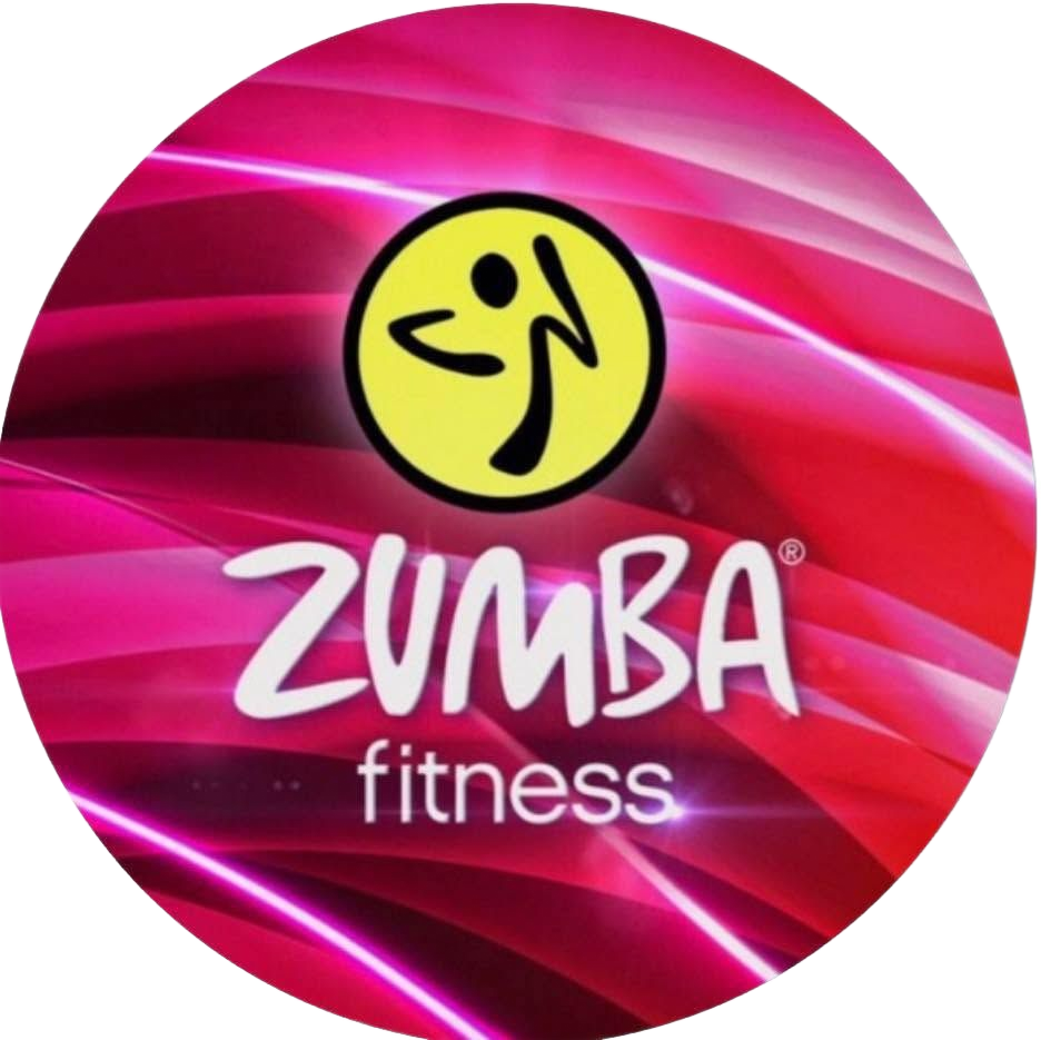 Zumba Fitness logo on a pink circular background with yellow icon and white text