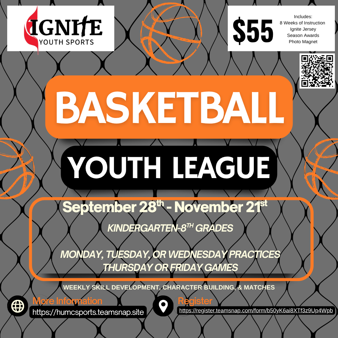 Basketball youth league flyer with orange and black design, $55 fee, and September-November dates