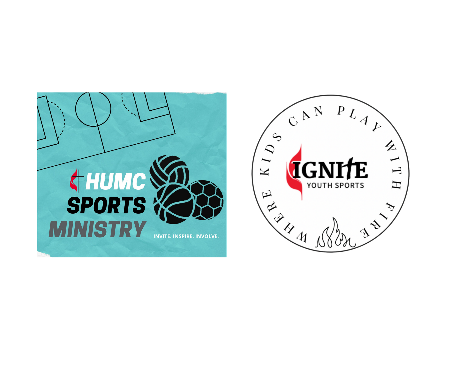 Two sports ministry logos: teal HUMP SPORTS MINISTRY and white circular IGNITE Youth Sports badge with black text