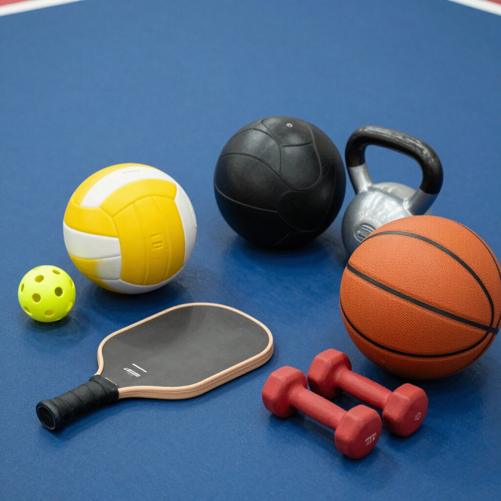 Assorted sports equipment on a blue background: basketball, kettlebell, dumbbells, racket, volleyball, tennis ball.