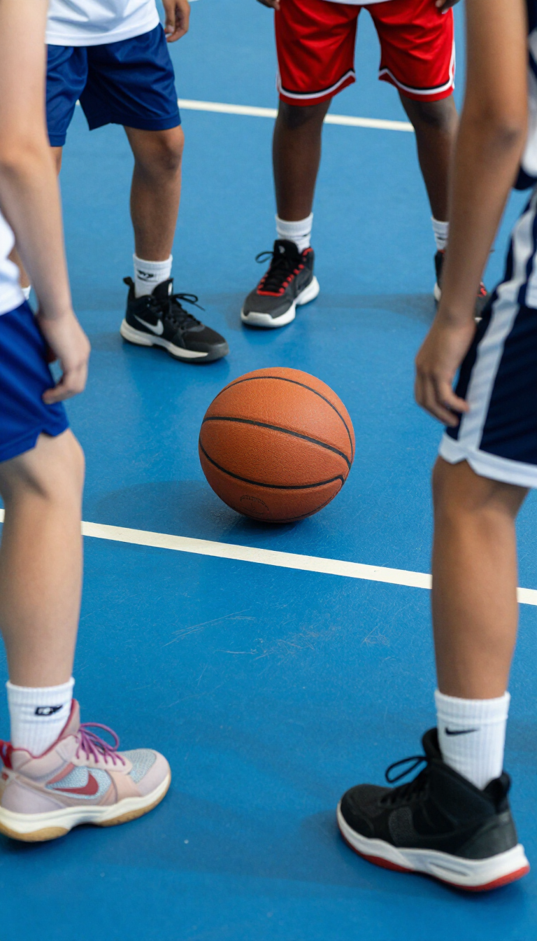 Basketball players standing around a ball on a blue court, seen from the knees down.