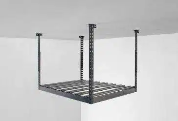 A ceiling rack is hanging from the ceiling in a garage.