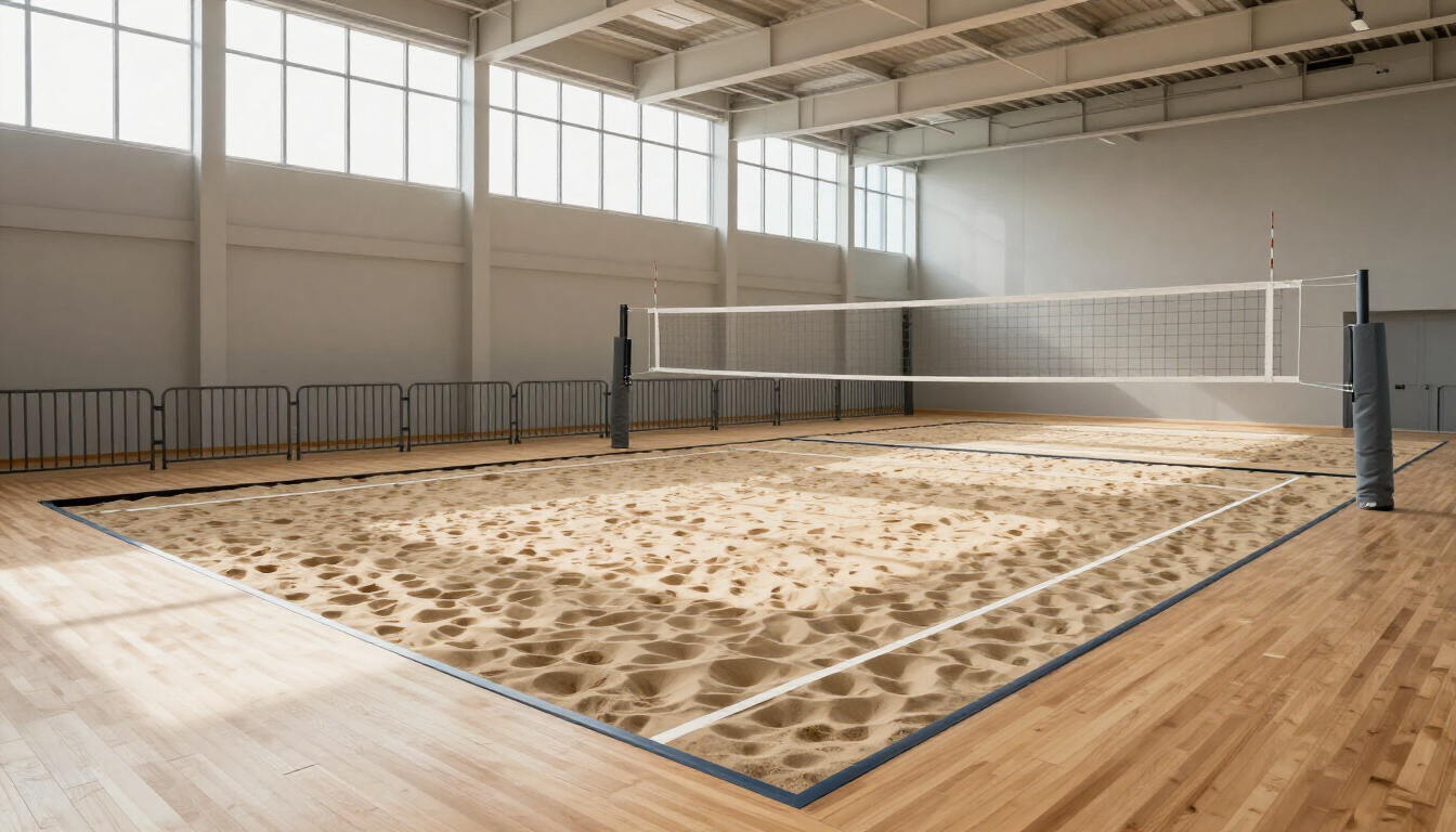 Indoor beach volleyball court with sand, net, and wooden floor in a bright gymnasium Indoor beach volleyball court with sand, net, and wooden floor in a bright gymnasium