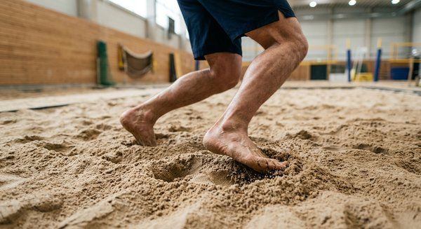 Indoor beach volleyball court with sand, net, and wooden floor in a bright gymnasium Indoor beach volleyball court with sand, net, and wooden floor in a bright gymnasium
