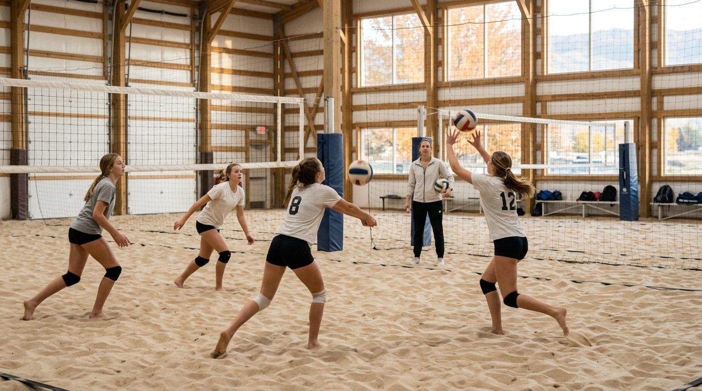 Indoor beach volleyball court with sand, net, and wooden floor in a bright gymnasium Indoor beach volleyball court with sand, net, and wooden floor in a bright gymnasium
