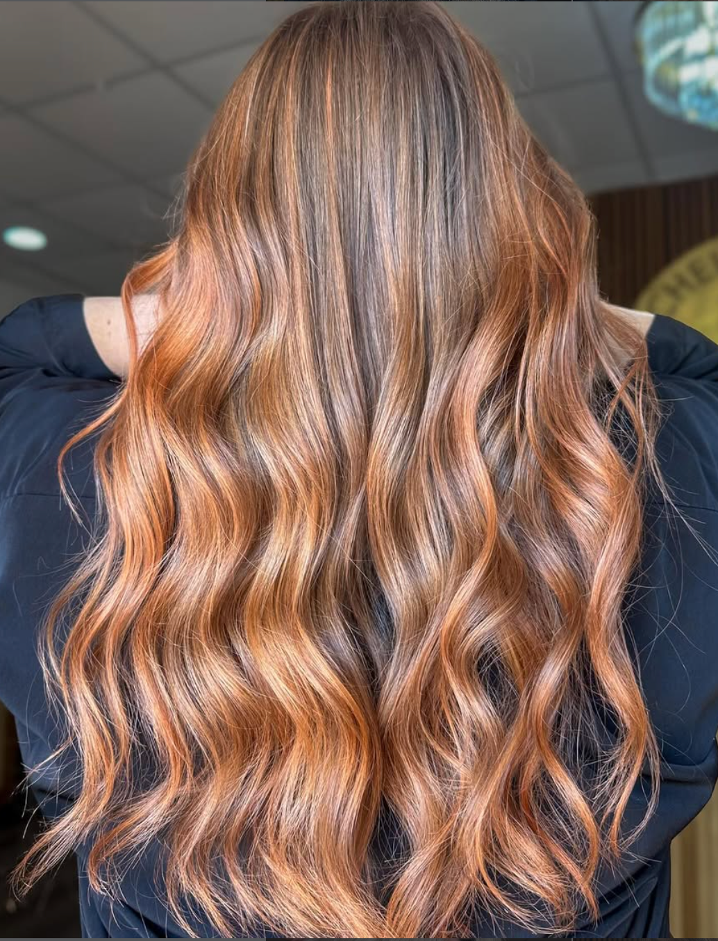 Wavy copper-brown hair with soft highlights seen from behind against an indoor background