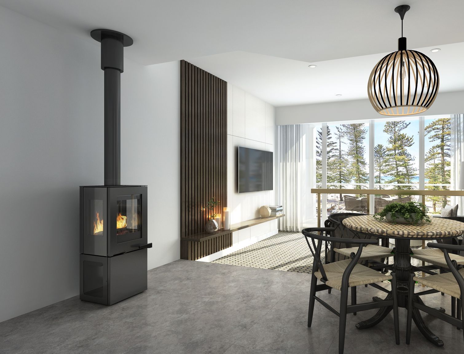 3 sided modern wood fireplace