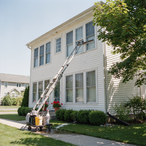 Ladder truck spraying the second-story windows of a white house