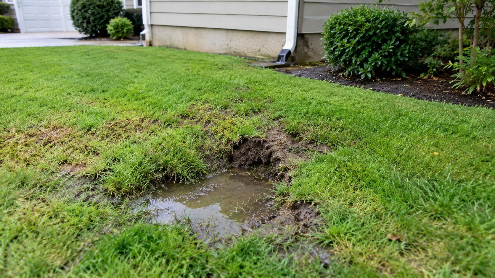 Water-filled erosion hole in a grassy yard beside a house.