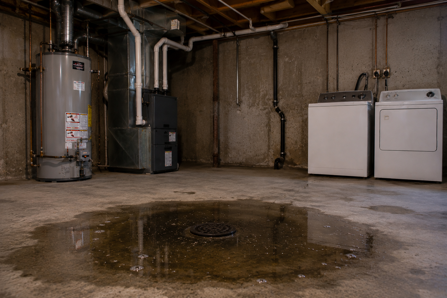Basement utility room with water heater, furnace, washer and dryer, and a large puddle on the floor