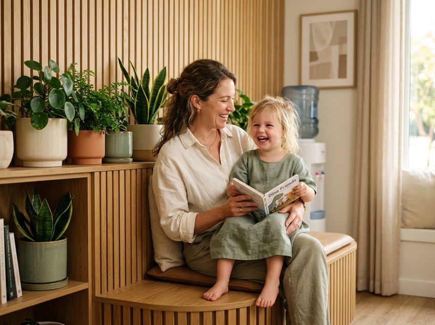 A parent reading with her daughter in the waiting area