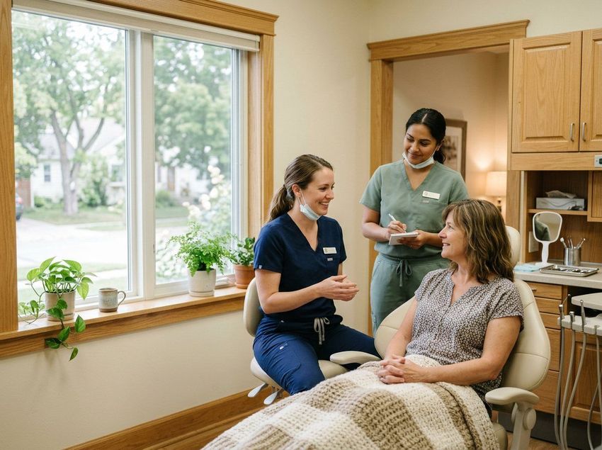A hygienist and dentist talking with a patient in a sunlit treatment room