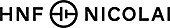 A black and white logo for hnf nicolai