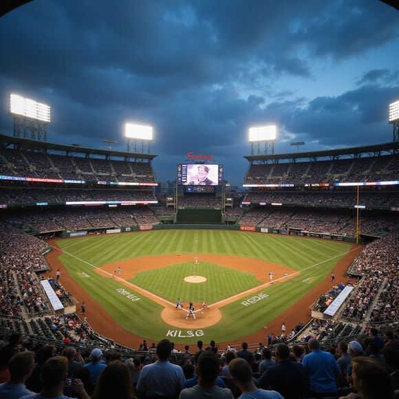 Baseball stadium at night with the field lit up and fans in the stands