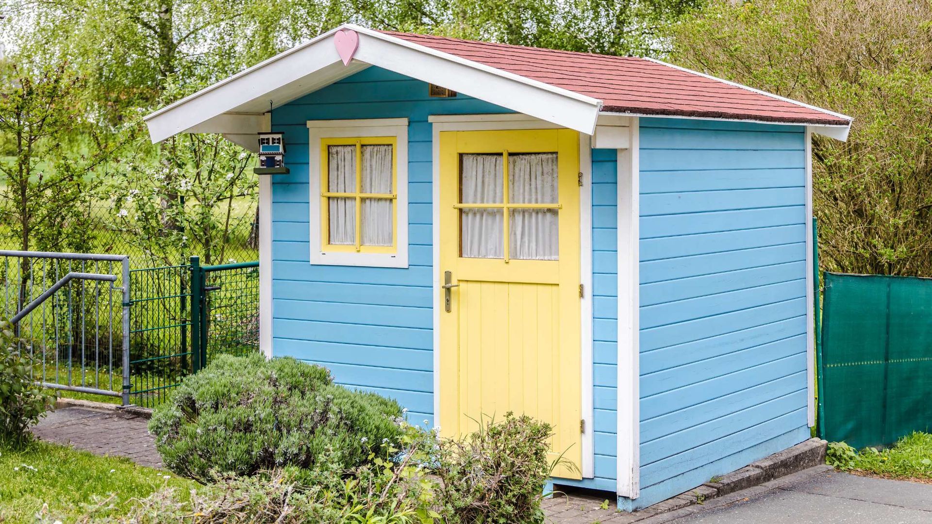 Small blue and yellow garden shed with red roof beside a green fence and shrubs