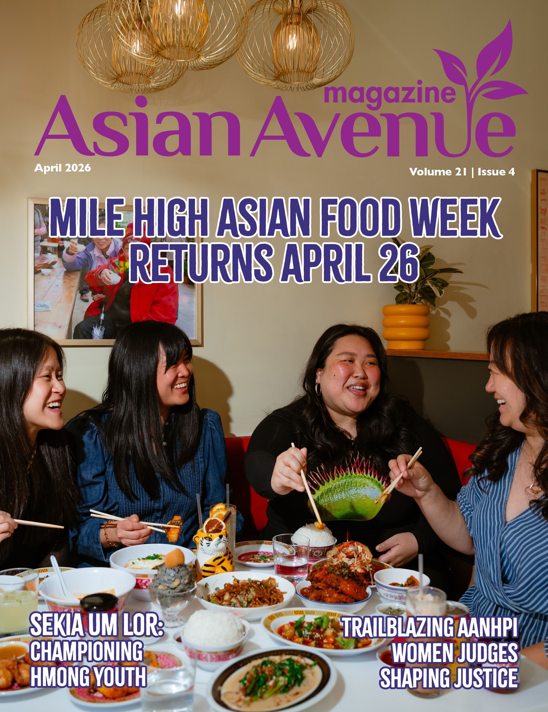 Asian Avenue magazine cover featuring four people sharing food and talking at a dining table
