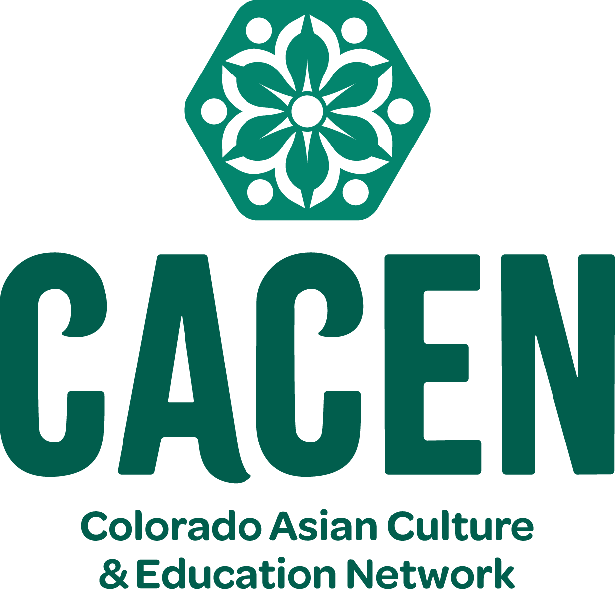 CACEN logo with teal flower emblem and text: Colorado Asian Culture & Education Network