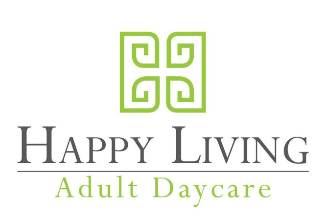 Happy Living Adult Daycare logo with green geometric emblem and gray and green text