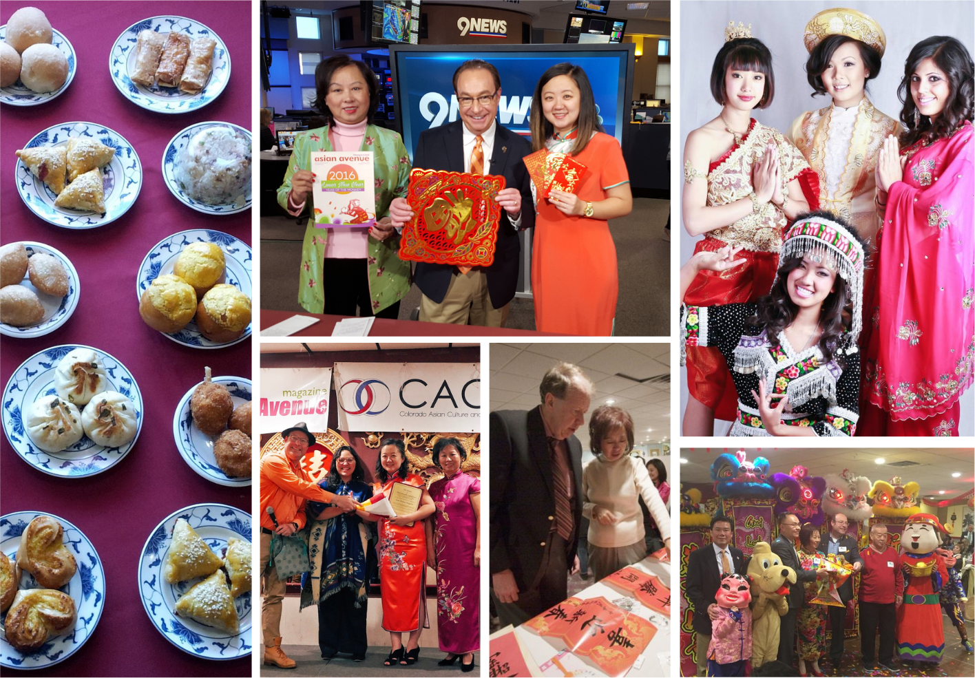 Collage of food, award ceremony, costumed performers, and festive display photos