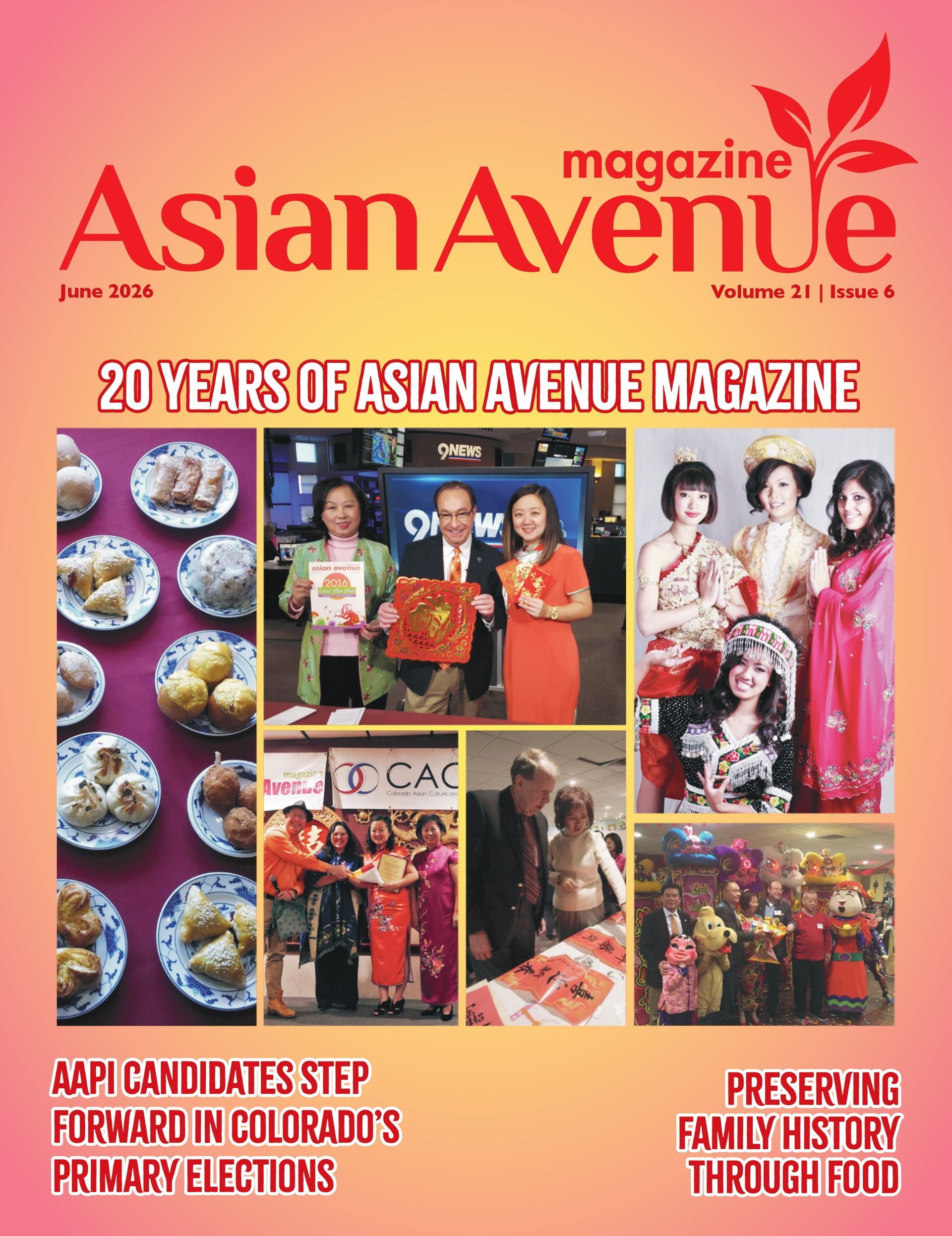 Asian Avenue magazine cover with collage of events, people, and colorful photos on a pink background