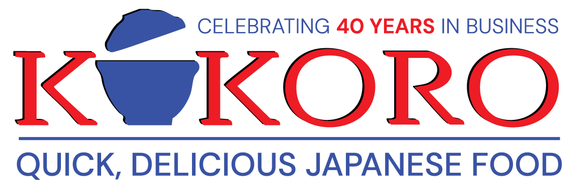 KOKORO logo with blue bowl icon and text “Celebrating 40 Years in Business” and “Quick, Delicious Japanese Food”