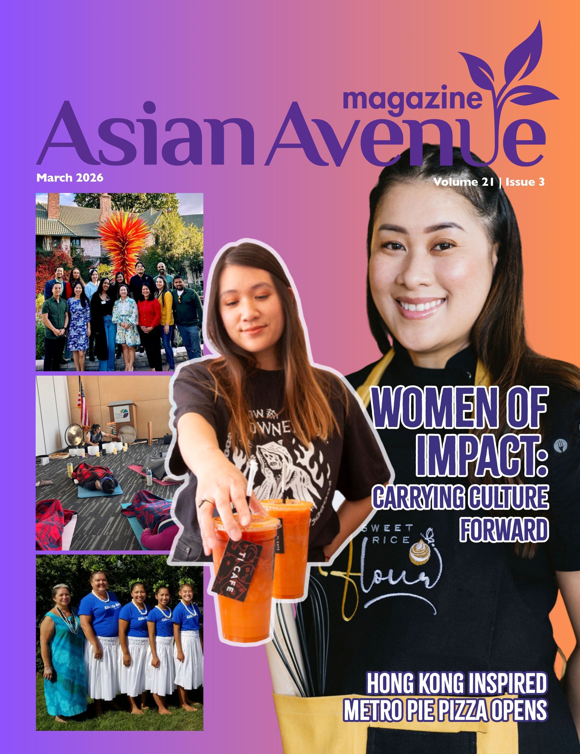 Asian Avenue magazine cover featuring women, food, and community event photos with the headline 