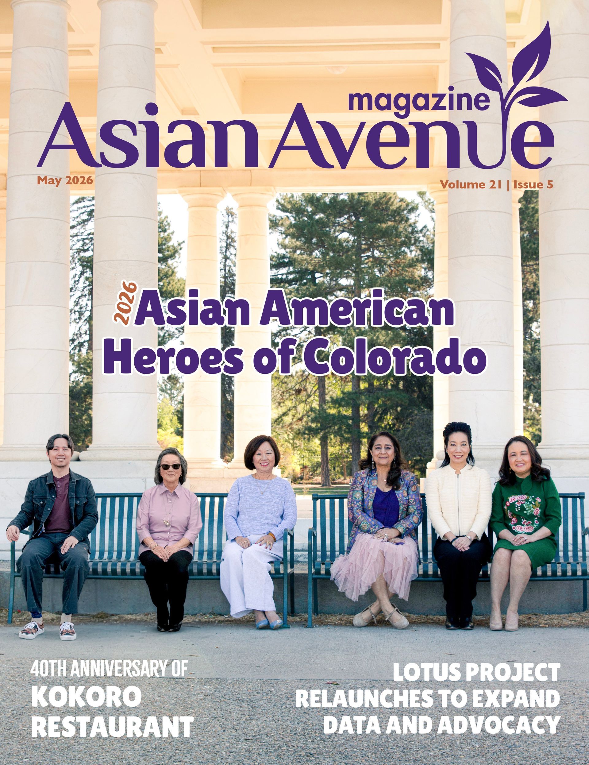 Magazine cover featuring “Asian Avenue” and “Asian American Heroes of Colorado” on a columned porch