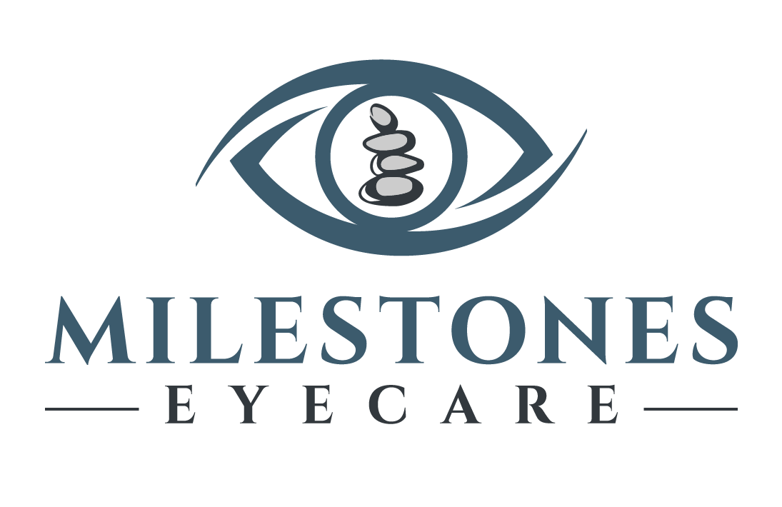 Milestones Eyecare logo with eye icon and blue-gray text