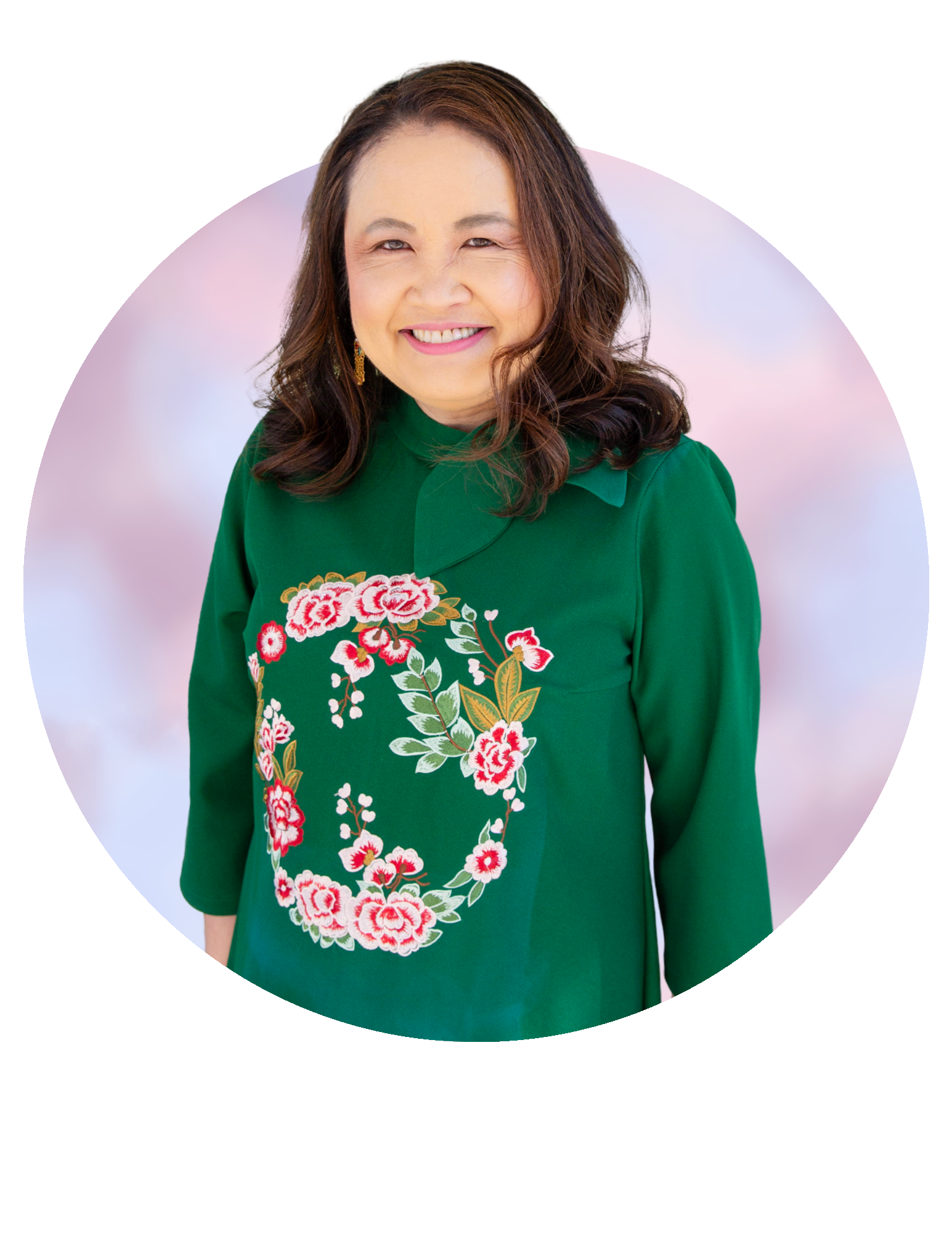 Smiling woman in a green sweater with a floral design on a white background